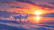 © Thiago - Create a vivid representation of an arctic tundra at dawn where the sun rises over the snowy plains and a pair of white wolves sprint joyously. Tundral. Illustration