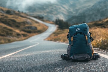 Aufkleber - Travelers backpack rests on a winding road in a serene mountainous landscape during daytime. Generative AI