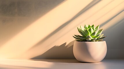 Canvas Print - A succulent plant in a white pot sits on a surface, bathed in warm sunlight streaming through a window. The shadows create a serene, minimalist scene.