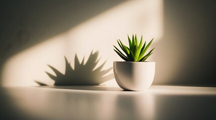 Canvas Print - A small succulent plant in a white pot sits on a surface, casting a dramatic shadow on a light wall. Sunlight streams in, illuminating the scene.