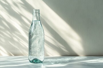 Wall Mural - A glass bottle filled with sparkling water sits on a marble surface, bathed in sunlight.