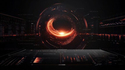 Wall Mural - black and red technological background with a symbolic representation of a black hole in a digital e