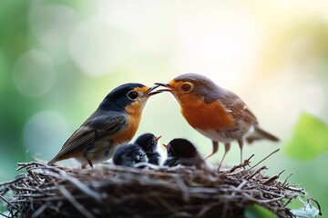 Nesting birds feed their hungry chicks under a warm sunlight in a tranquil setting