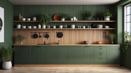 Wall Mural - Modern kitchen interior with Green background