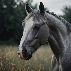 Elegant portrait of a horse with an expressive look. Close-up shows details: shiny coat, strong features and intelligent eyes. Ideal for animal lovers, equestrian and nature lovers