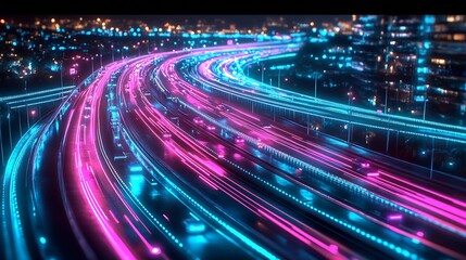 Poster - Neon Light Trails on a City Highway at Night Illustrating Speed and Modernity in an Urban Environment : Generative AI