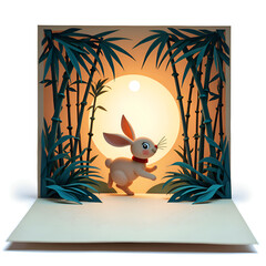 Canvas Print - A playful bunny leaps through a bamboo forest at sunset in a delightful pop up scene, 3d pop up art of nature scene concept.