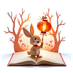 Canvas Print - A playful rabbit holding a lantern amidst an enchanting storybook forest scene, 3d rendering of fantasy concept.