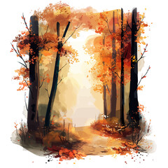 Wall Mural - a watercolor drawing of a fall forest trail with soft morning light filtering through the trees, iso
