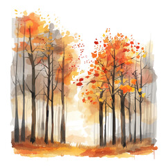 Canvas Print - A watercolor clipart of a fall forest with misty morning light filtering through, isolated on a white background. Autumn vector.
