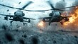 © Maximages  - Two military helicopters flying through a battlefield, surrounded by explosions and flying debris, vividly illustrating the chaos and intensity of the combat environment.