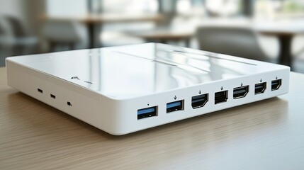 sleek white computer dock on a light wooden table in a cafe.