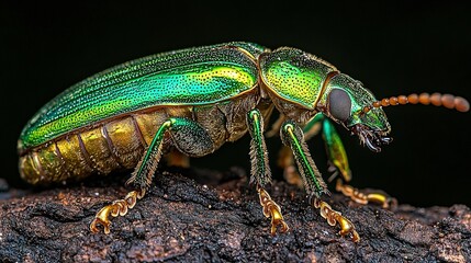 Wall Mural -   Green-yellow insect on wooden background