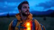 © alva studio - Young man with backpack hiking at dusk, mountains in background.