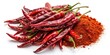 © nick - High-resolution PNG: Kashmiri chili peppers and powder, vibrant red spice, culinary ingredient.  Top view.