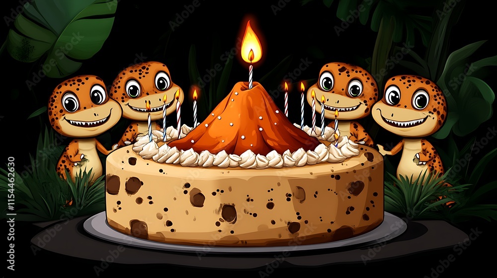Four lizards celebrating a birthday with a volcano cake. Stock ...