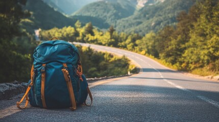 Aufkleber - Travelers backpack resting on winding road in scenic mountains during sunny day. Generative AI