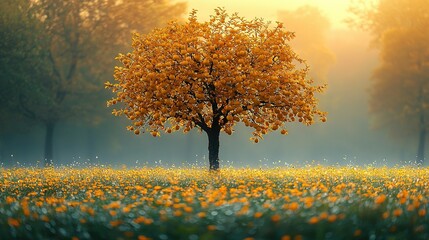 Wall Mural -   A tree stands tall in a field, surrounded by yellow flowers The sun filters through the leaves behind, casting dappled light on the scene