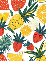 Aufkleber - Vibrant tropical fruit pattern featuring strawberries, pineapples, and citrus in a cheerful arrangement. Generative AI