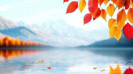 Wall Mural -   A stunning image of a lake surrounded by mountains, with vibrant autumn leaves drifting gracefully across its surface