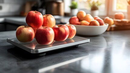 Wall Mural - Red apples on a kitchen scale, a bowl of apples in the background. Healthy eating, dieting, or cooking concept. Bright, natural light.