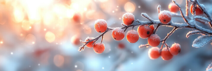 Wall Mural - Frost covered berries. Bright winter sunlight, cold weather. Bokeh background.