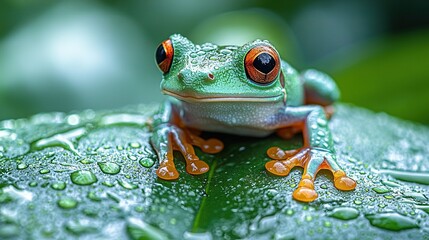   A frog on a leaf with drops of water