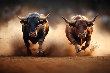 Two bulls race through a dusty arena during a traditional livestock competition in the countryside