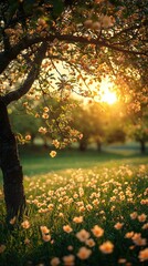 Wall Mural -   The sun illuminates the tree's branches as it stands tall in the green field surrounded by vibrant blossoms, while distant trees line the horizon