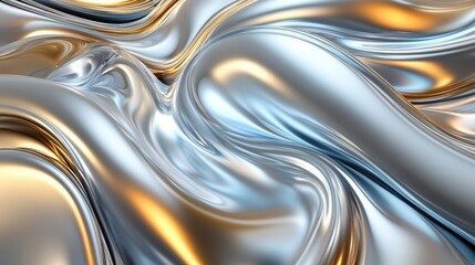 Fototapete - Flowing forms in abstract 3D design exhibit seamless blend of metallic shades and reflections. Generative AI