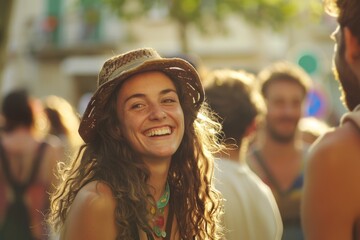 Wall Mural - Portrait of a young woman in a hat smiling at the camera