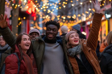 Wall Mural - Multiethnic group of friends having fun on christmas market in London