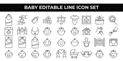 Baby Icon Set with editable line icons of baby care essentials, toys, strollers, and feeding items. For parenting websites, childcare apps, baby product branding, posters, and marketing designs.