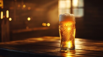 A tall glass of golden lager beer with foam overflowing, placed on a wooden pub table, surrounded by warm ambient light 