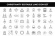 © Vector Jungle - Christianity Icon Set featuring editable line icons of crosses, churches, Bibles, and religious symbols. Perfect for church branding, religious materials, event posters, and spiritual projects.
