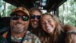 © JoxyAimages - Three individuals wearing camouflage attire and sunglasses are smiling energetically inside a rustic bus in a forest setting, ready for a new adventure together.