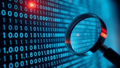 Data Security Magnifying Glass on Binary Code Digital Forensics Cybersecurity