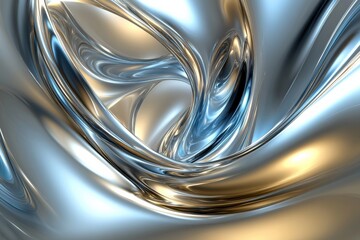 Fototapete - Abstract 3D design featuring smooth metallic curves and reflections in a fluid composition of silver and gold. Generative AI