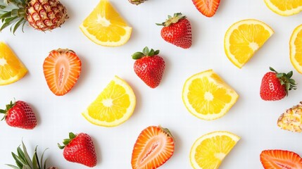 Aufkleber - Vibrant tropical fruit arrangement showcasing fresh strawberries and juicy oranges on a light backdrop. Generative AI