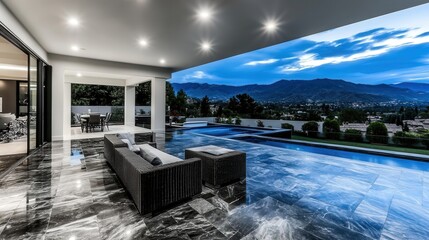 Wall Mural - contemporary living room, patio with swimming pool, patio made of slate  