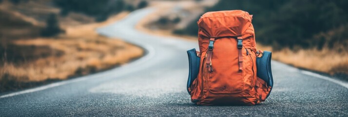 Aufkleber - Travelers backpack rests confidently on an empty road surrounded by nature at dusk. Generative AI