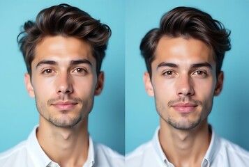 Wall Mural - Young man before and after hair loss treatment on light blue background, closeup before and after treatment 