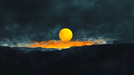 A dark sky with a bright yellow sun in the middle. Lodestar. Illustration