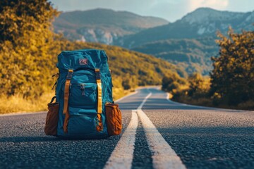 Aufkleber - Travel backpack on quiet road surrounded by mountains in warm afternoon light inviting adventure and exploration. Generative AI