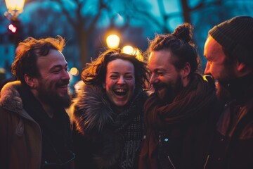 Wall Mural - Group of friends having fun on the street at night. Group of friends having fun outdoors.