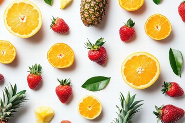 Aufkleber - Vibrant arrangement of tropical fruits featuring oranges, strawberries, and pineapples on a light background. Generative AI
