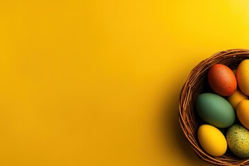 Wall Mural - A colorful display of Easter eggs in a woven basket, artistically arranged against a bright yellow backdrop, celebrating the joy and tradition of Easter with its spirit and symbolism of renewal