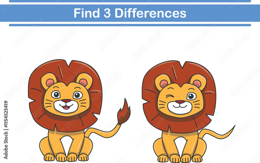 Education game for children find three differences between two lions ...