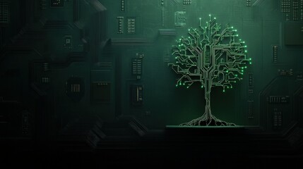 Fototapete - Green Circuit Tree Design Against Dark Background Representing Growth and Technology in Modern Digital World for Innovation and Eco-Friendly Concepts