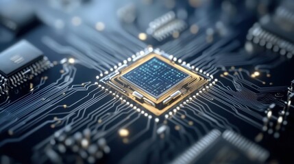 Poster - Close-up View of Advanced Microprocessor on a Circuit Board with Intricate Chip Design and Electronic Components in High Definition